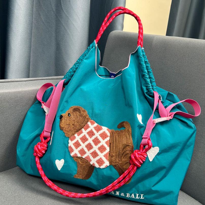 2024 Japanese-Style Cute Dog Embroidered Nylon Eco-Friendly Shoulder Shopping Bag