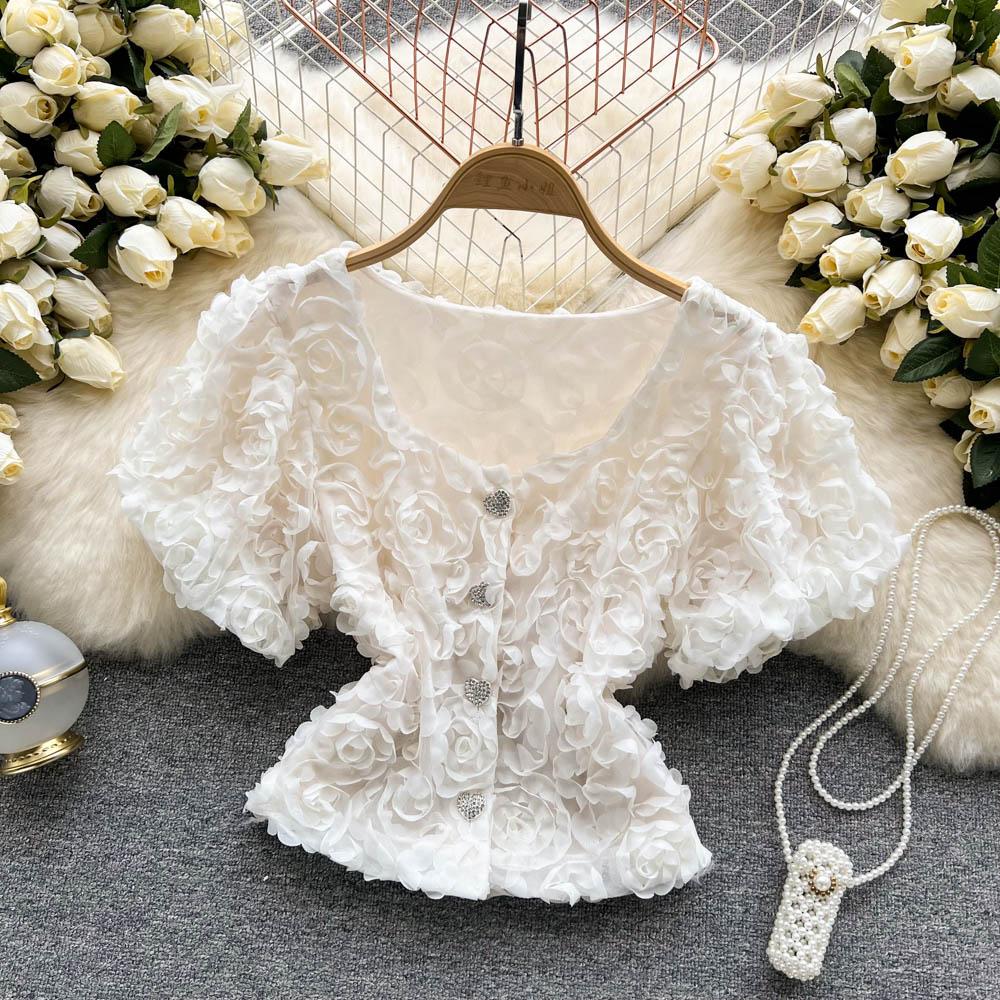 RUGOD Niche Design Sense Mesh Flower Kort Temperament-skjorte for kvinner Sommer Ny Slim Enkeltspente All-Match-topp