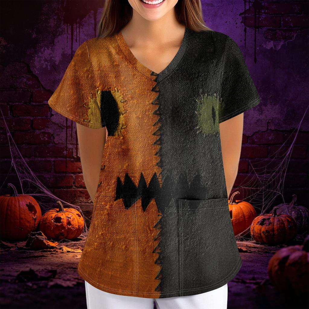 Women Halloween Print Loose Fit V Neck Short Sleeve Top with Pocket Comfortable Fabric for Work or Casual Wear