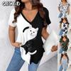 Women's Fashion Casual Solid Color Print V-Neck Short Sleeve Blouses & Shirts