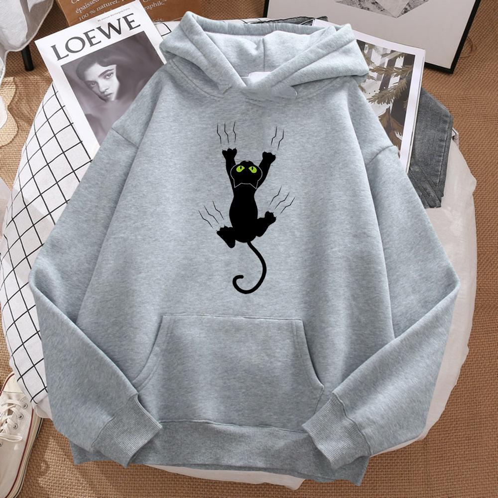 Unisex Naughty Black Cat Printed Hoody Hip Hop Fleece Sweatshirt Soft Warm Harajuku Style Cartoon Character Comfortable Moto