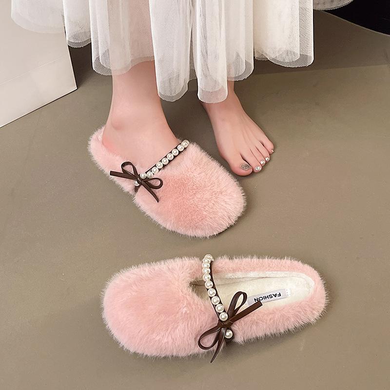 2025 French Large Size Flat Bottom Versatile Bag Head Half Slippers Femininity Slippers Fashion with Skirt Gentle Fluffy Shoes