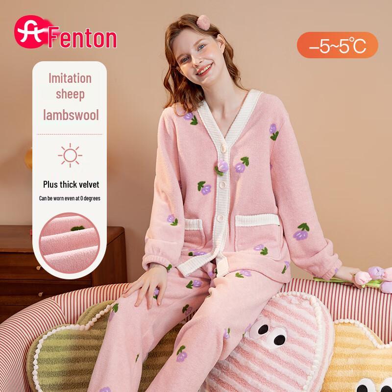 Fenteng Women s Coral Fleece Lapel Pajama Set L