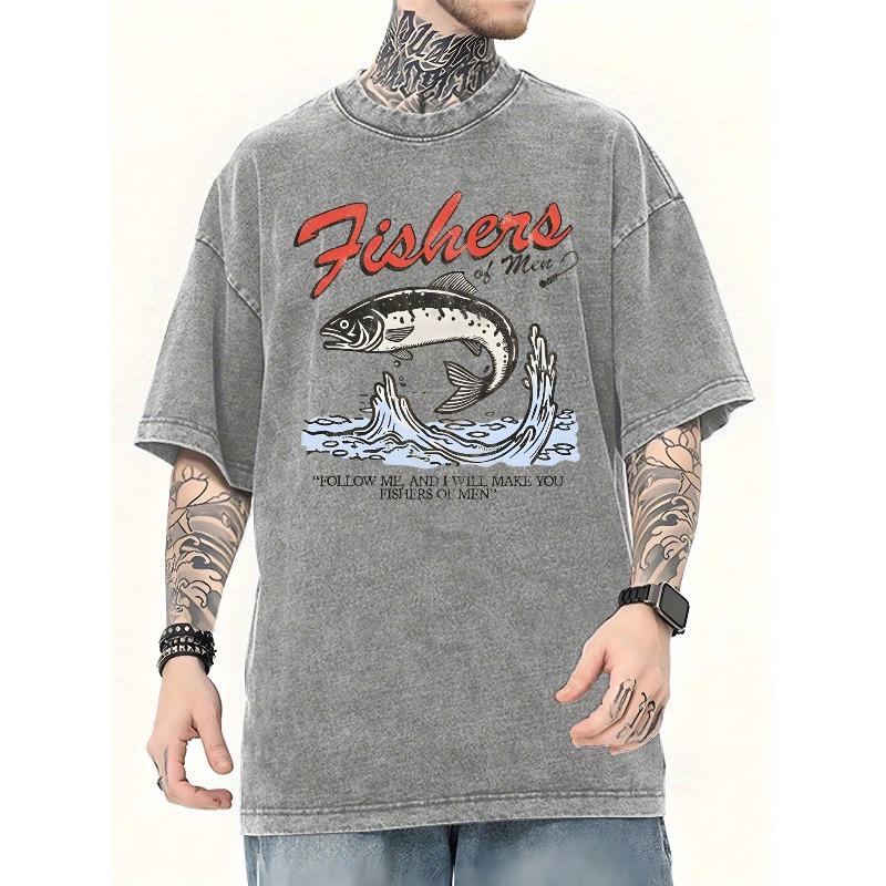 

Washed Cotton T-shirt, Oversized Vintage-style T-shirt Features a Graphic Design with Red Stylized Text Fishers of Men ,Loose Breathable Street 5XL сірий