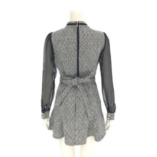 GRAXIA Cabaret Mini Long and Gray and Size M Women's Two-Piece Dress, Dress, Set, Sleeves, Pleated, Ribbon, Lace, Black,