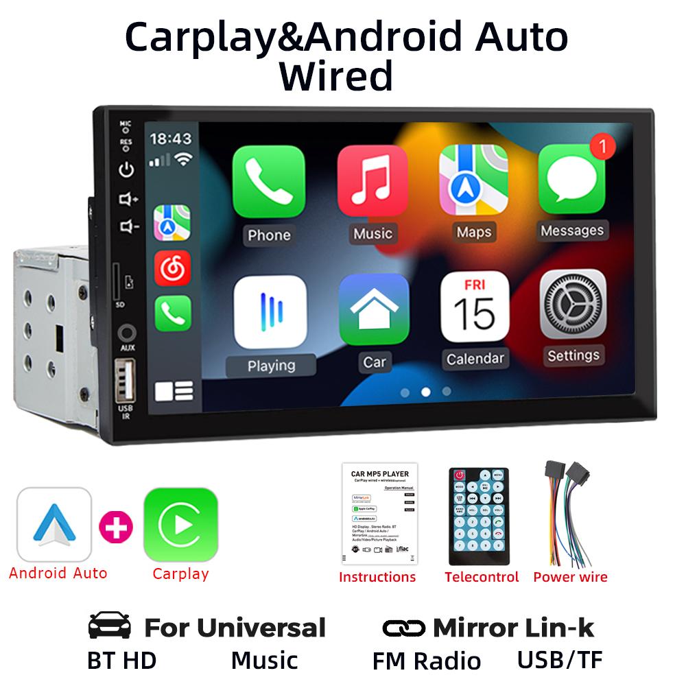 

HIPPBQCC 7-дюймовая автомагнитола Carplay Android Auto 1 DIN Мультимедийный Bluetooth-плеер HD сенсорный экран Mirror-Link USB FM AUX вход