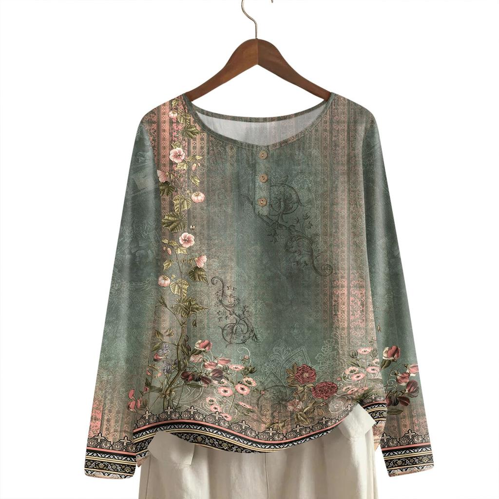 Women's Fashionable And Casual Shirt Long Sleeve Round Neck -color Cotton And Linen Blouse Top