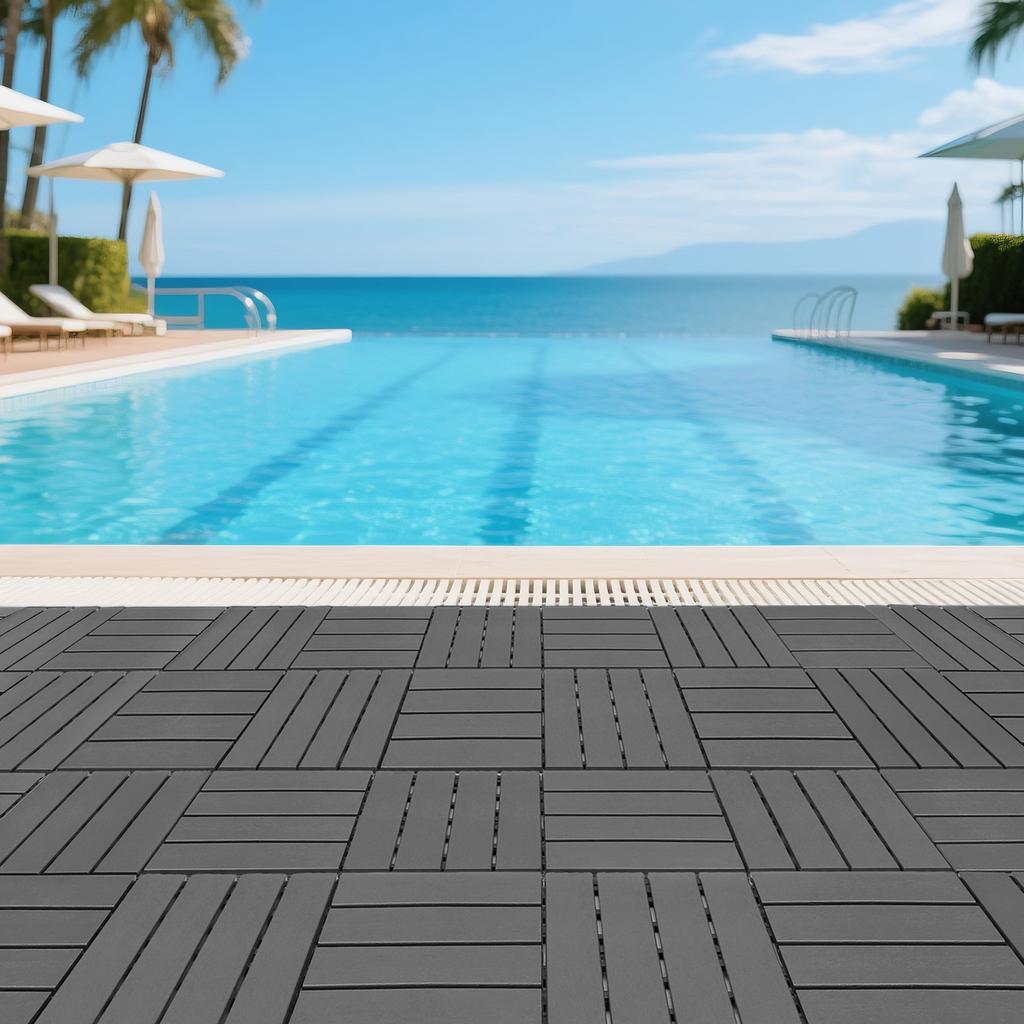 Plastic Interlocking Deck Tiles,44 Pack,12"x12" Square Waterproof Outdoor All Weather Use, Patio Decking Tiles for Poolside Balcony Backyard,DARK Grey