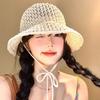 Damen Sommer Dünn Atmungsaktiv Gesicht Kleines Hohlmuster Riemen Eimerhut Sonnenschutz Sonnenschutz Gewebter Sonnenhut