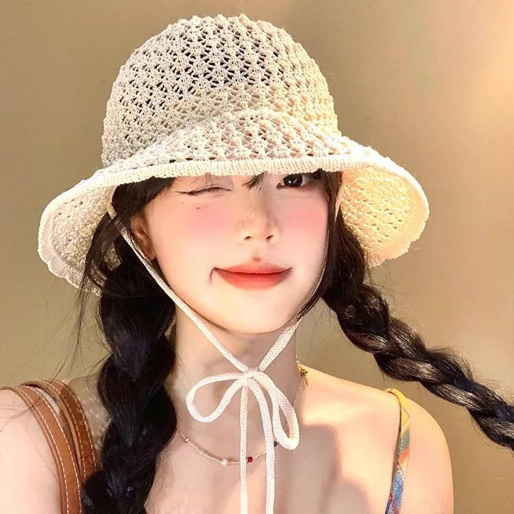 Damen Sommer Dünn Atmungsaktiv Gesicht Kleines Hohlmuster Riemen Eimerhut Sonnenschutz Sonnenschutz Gewebter Sonnenhut