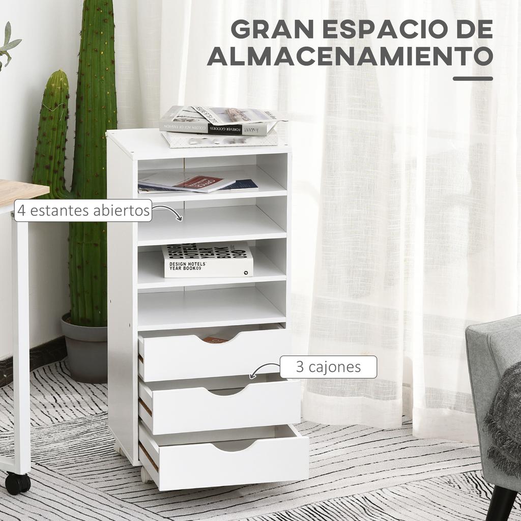 Office Drawer Unit, 3 Drawers, 4 Open Shelves, Wheels, 38 x 40 x 86.8 cm, White