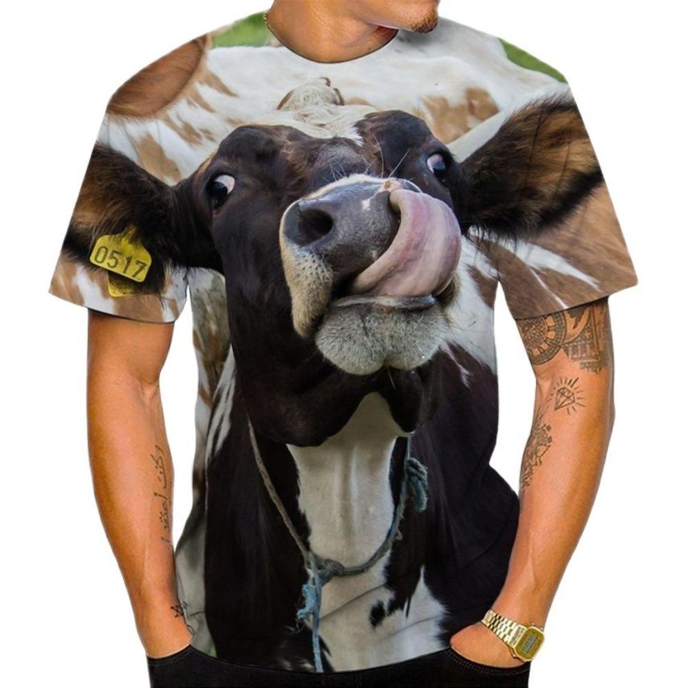 New Summer 3D Printed Men's T-Shirt, Cow Print Casual Short Sleeve, Fun Animal Breathable Lightweight Sports Top