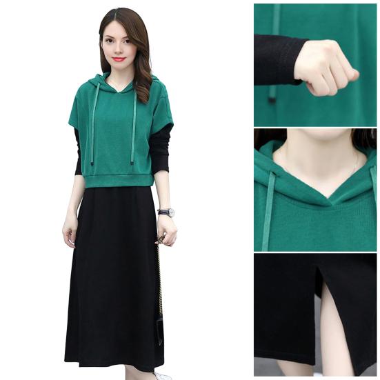 Women's 2 Piece Dress Set Pullover Hooded Drawstring Sweatshirts Midi Dress Lounge Sets Casual Fall Spring Outfits
