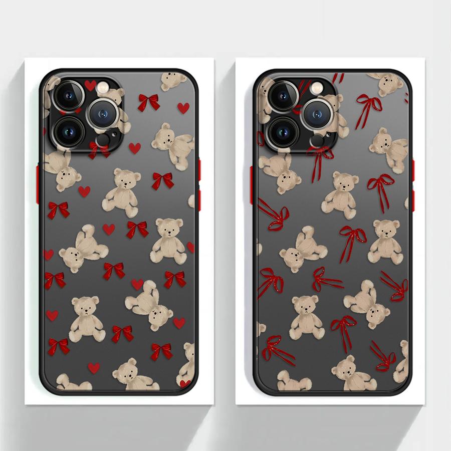 Cute Bow Bear Case for iPhone 17 Pro Max XS XR 7 8 SE 13 Mini 15 Air 16 Plus 12 11 14 Funda Back Phone Cover