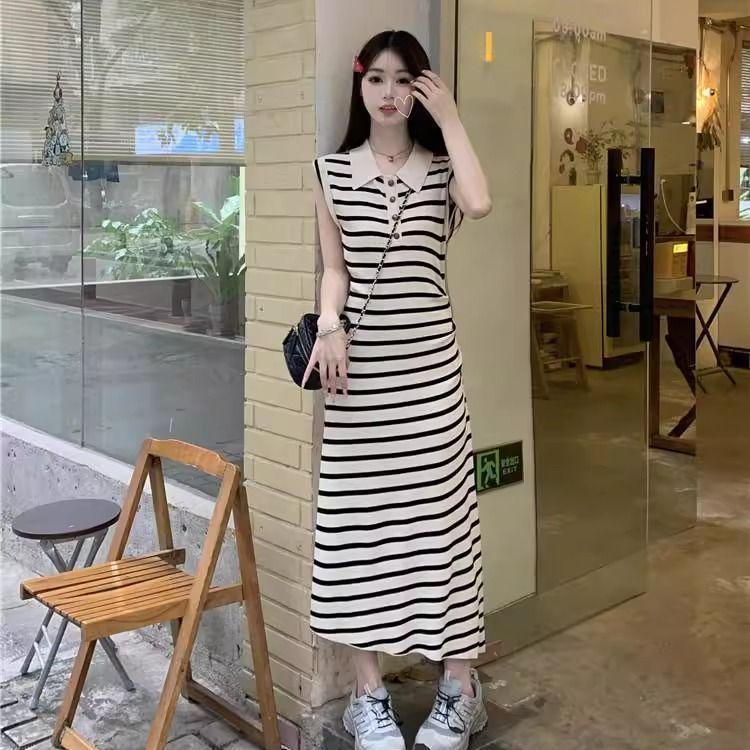French Retro Polo Collar Color Block Stripe Knit Dress with Pleated Waist XL