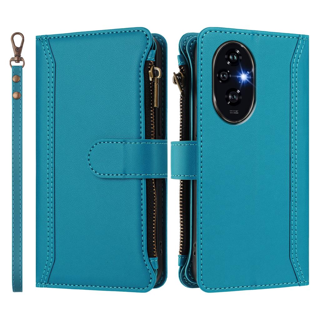 For Honor 200 5G Leather Case 9 Card Slots Zipper Wallet Stand Phone Cover with Wrist Strap