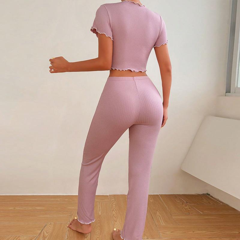 Two-Piece Women's Clothing Summer Fashion Wave Edge Stretch Short-Sleeved Long Pants Pajamas Set Casual Comfortable Homewear Set
