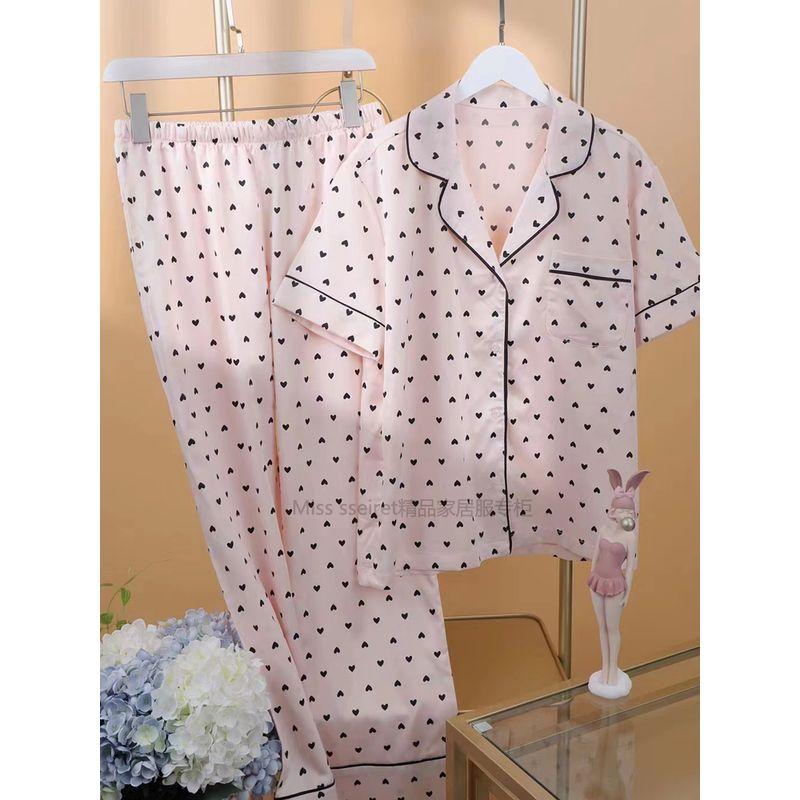 Vido Artificial Silk Silks and Satins Pajamas Women's Pink Small Heart Long Sleeves Pants Comfortable Homewear Spring/Autumn/Summer Secret