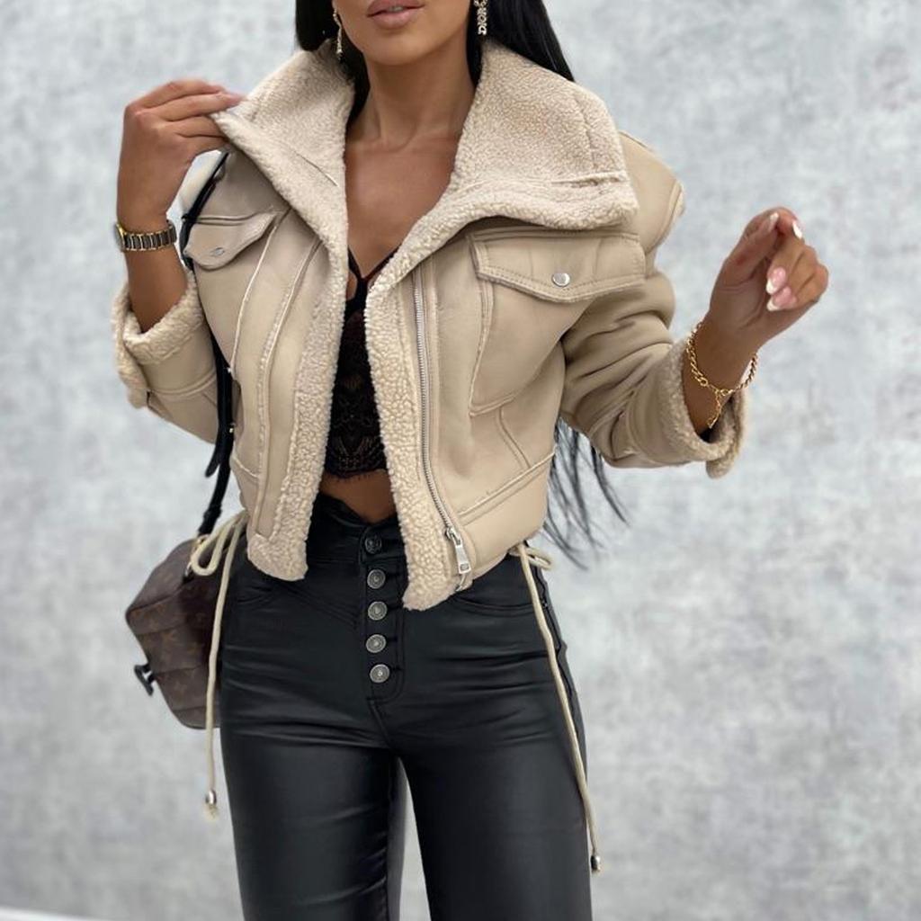 Giacca in pelle artificiale da donna PU corto spesso caldo cappotto nero pilota da donna cappotto in velluto con risvolto retrò Top invernale da donna