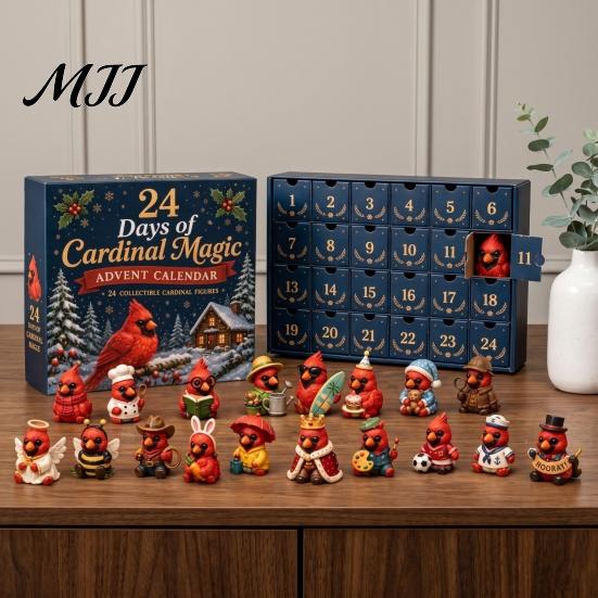 Unique Advent Calendar Gifts Red Bird Christmas Calendar, 24 Miniature Party Favors Figurines, Tree Hanging Ornaments for Holiday Theme Dolls
