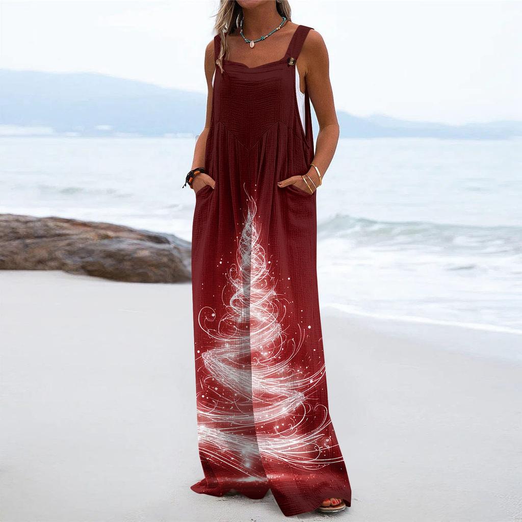 Women's Christmas Print Solid Wide Leg Strapless Tank Pocket Casual Onesie