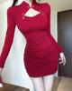 Spring Elegant Long Sleeve Button-Up Cheongsam-Inspired Dress - Pleated, Waist-Cinched, Hip-Hugging Short Skirt for Women