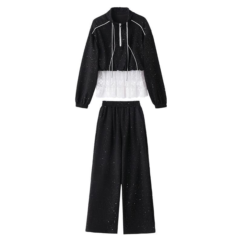 2025 Spring Fashion Lace-Trim Jacket & Wide-Leg Pants Set RX9210