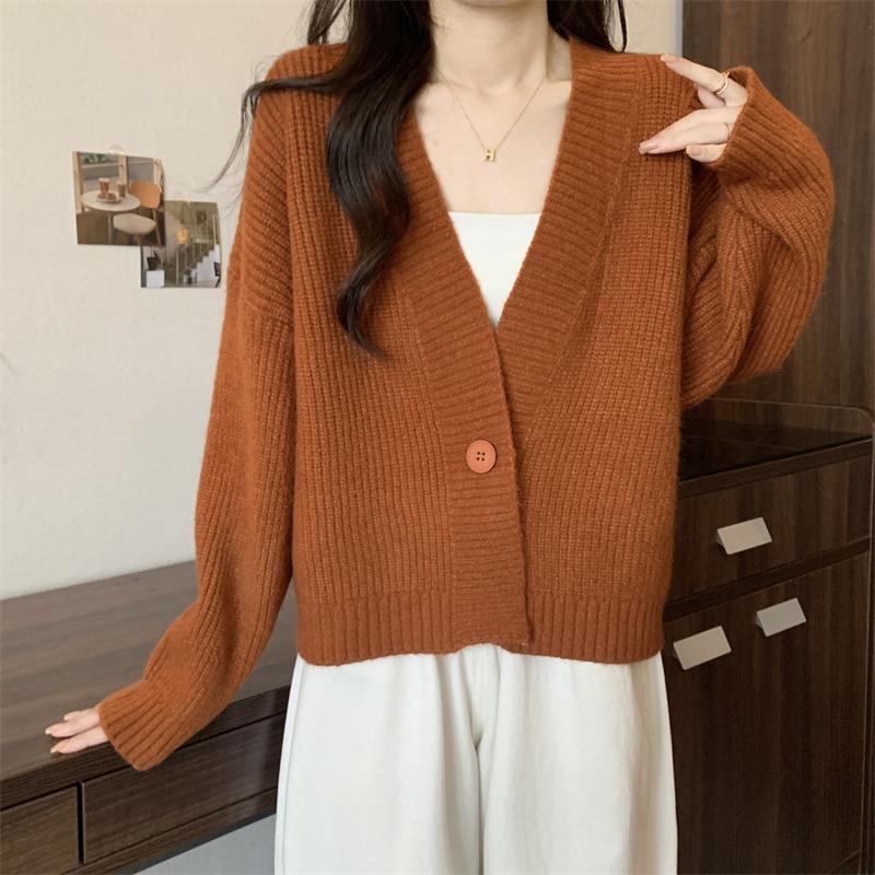 V-neck Fashion Women One Button Cardigan Short Sweater Autumn /Winter Long Sleeve Knitted Jackets Solid Color Elegant Loose Office Basic Casual Coats