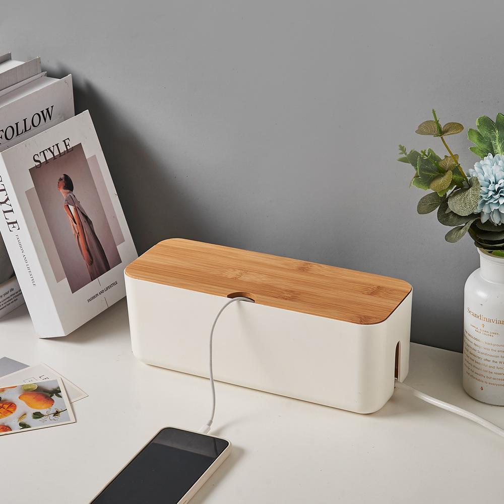 Hide Wires Desk Computer Cable Organizer Box Bamboo Cover Wire Junction Board Storage Box for Phone Cable Cable Management Box