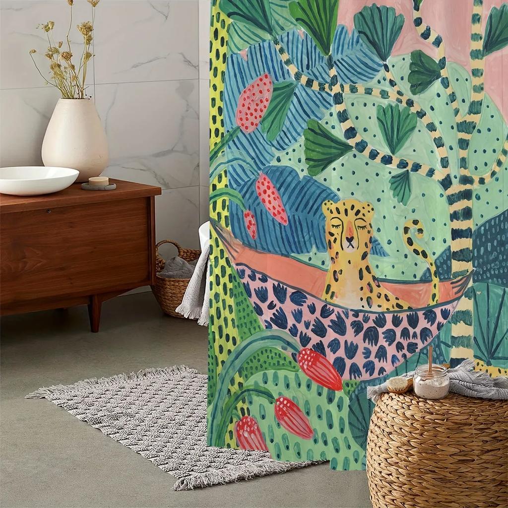 1 pc cartoon leopard digital printed bathroom shower curtain set perforated strap hook for bathroom privacy and home decoration