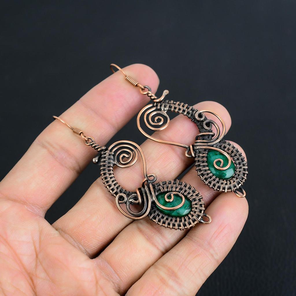 Emerald 999 Copper Wire Wrapped Earrings, Handmade Gemstone Earrings Jewelry, Gifts For Wife Brand New Earrings