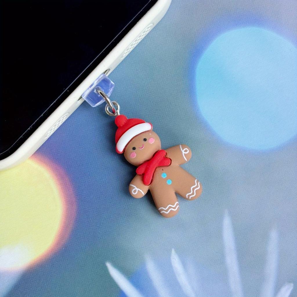 1ks Vánoční perníkový muž prachová zátka přívěsek pro porty iPhone & Type-C, Roztomilý sváteční doplněk k mobilnímu telefonu, Materiál ABS, Dárek na svátky