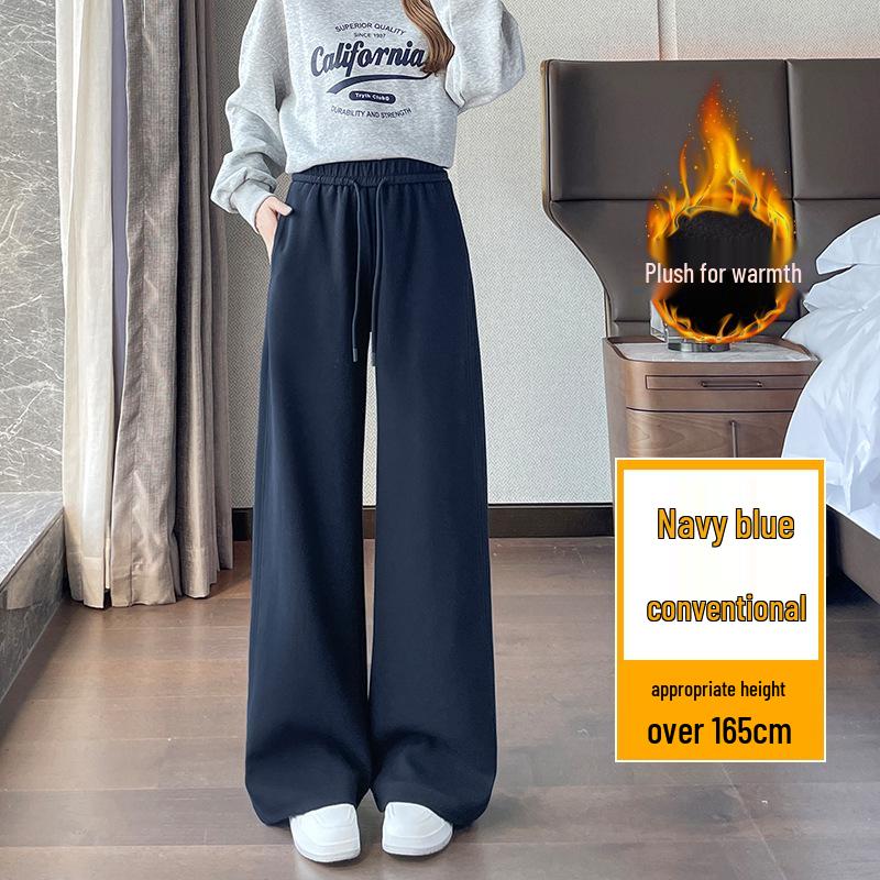 Women's Black Cotton Wide-Leg Pants - Thickened, Slimming, High-Waisted, Casual Winter Trousers with Plus Velvet. Free Shipping.