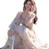 Gentle Fairy Chic Floral Midi Dress for Women - Square Neck, Youthful Mori Style, Vacation Ready.