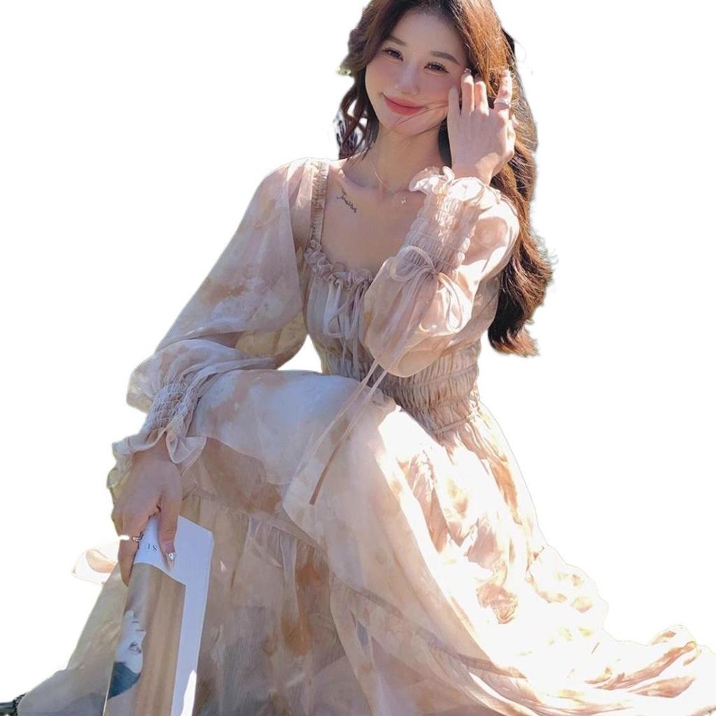 Gentle Fairy Chic Floral Midi Dress for Women - Square Neck, Youthful Mori Style, Vacation Ready.