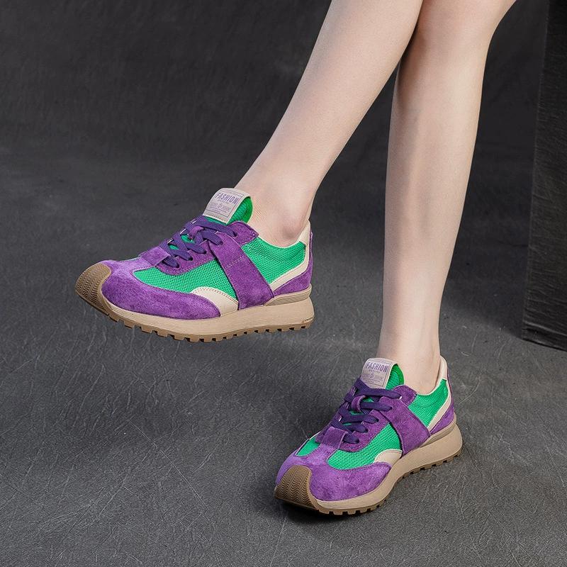 GKTINOO Genuine Leather Sneakers Women's Flat Shoes 2025 Spring/Summer New Breathable Mesh Lace-up Soft Sole Casual Sports Shoes