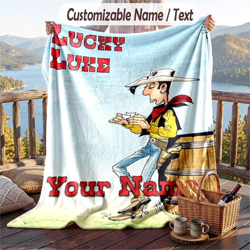 Custom Text Flannel Throw Blanket, Lightweight Cozy Bed Sofa BlanketLucky Luke