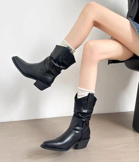 Cowhide version~ Zhao Silu retro medium tube knight boots matte pointed thick heel versatile V boots thin pile boots women