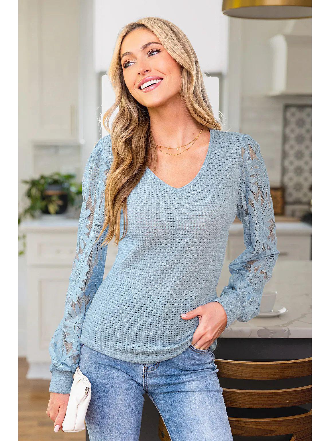 Элегантный европейский женский повседневный топ с цветочным кружевом, V-образным вырезом и длинным рукавом 2026 L светло-синий