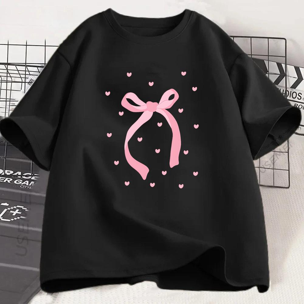 Sweet Ribbon Bowknot Graphic Tshirt Aesthetic Heart Print Tee Summer Fashion Short Sleeve Harajuku Style Top For Girls