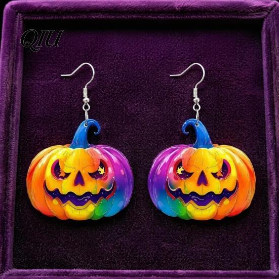 Halloween Pumpkin Earrings 1 Pair for Women, Colorful Dangle Acrylic Rainbow Gradient Ornaments Drop Earrings, Jewelry Gifts Carnival Party Starry Sky