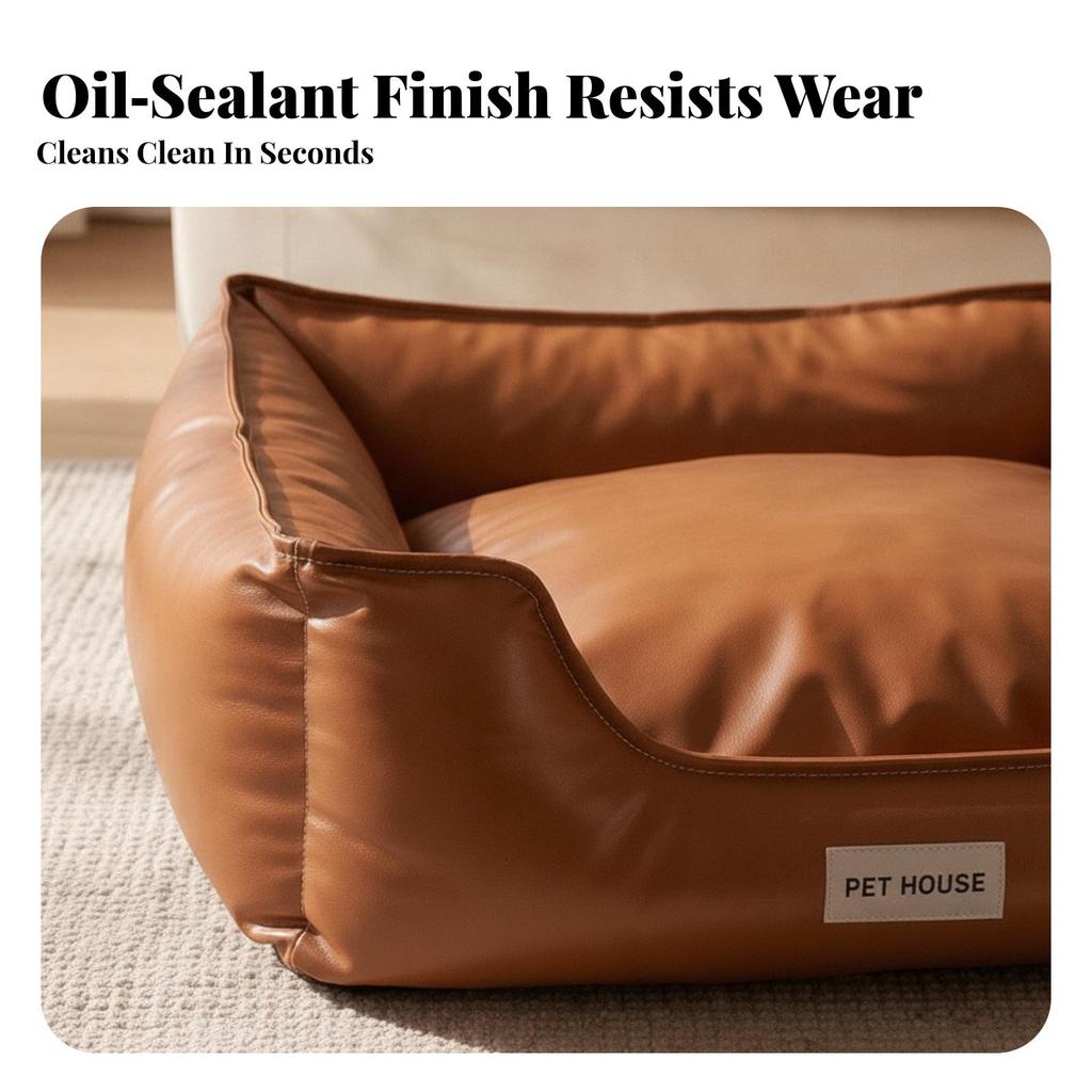 Easy to Clean Faux Leather Pet Bed | ShapeHolding Fill, with Raised Walls, for Living Room