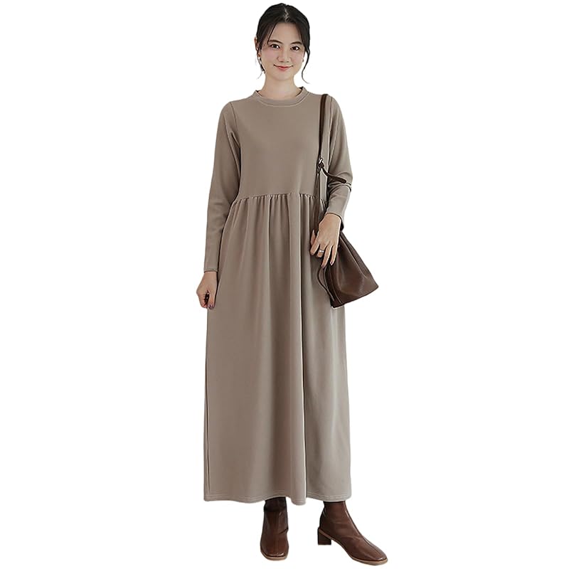 

[VaTcsAxg] one piece ladies Autumn/winter long dress body shape cover Dress slimmer with pocket Relaxing Plain color round neck A-line everyday wear