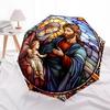 1pc Stained Glass Nativity Scene with Automatic Opening Umbrella, Portable Tri-Fold Design, 8-Bone Iron Frame Outdoor Umbrella, Perfect Gift for Fans,
