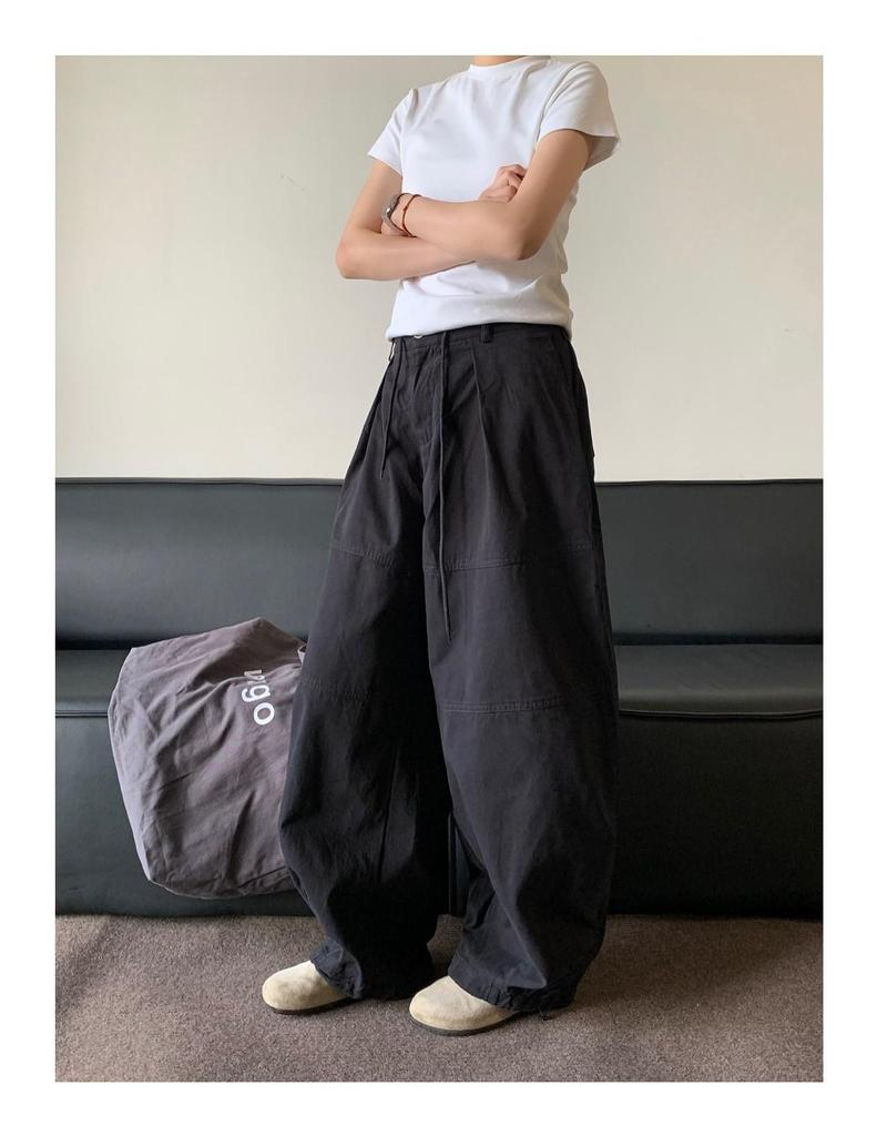 Unisex Summer Retro Wide-Leg Cargo Pants with Drawstring