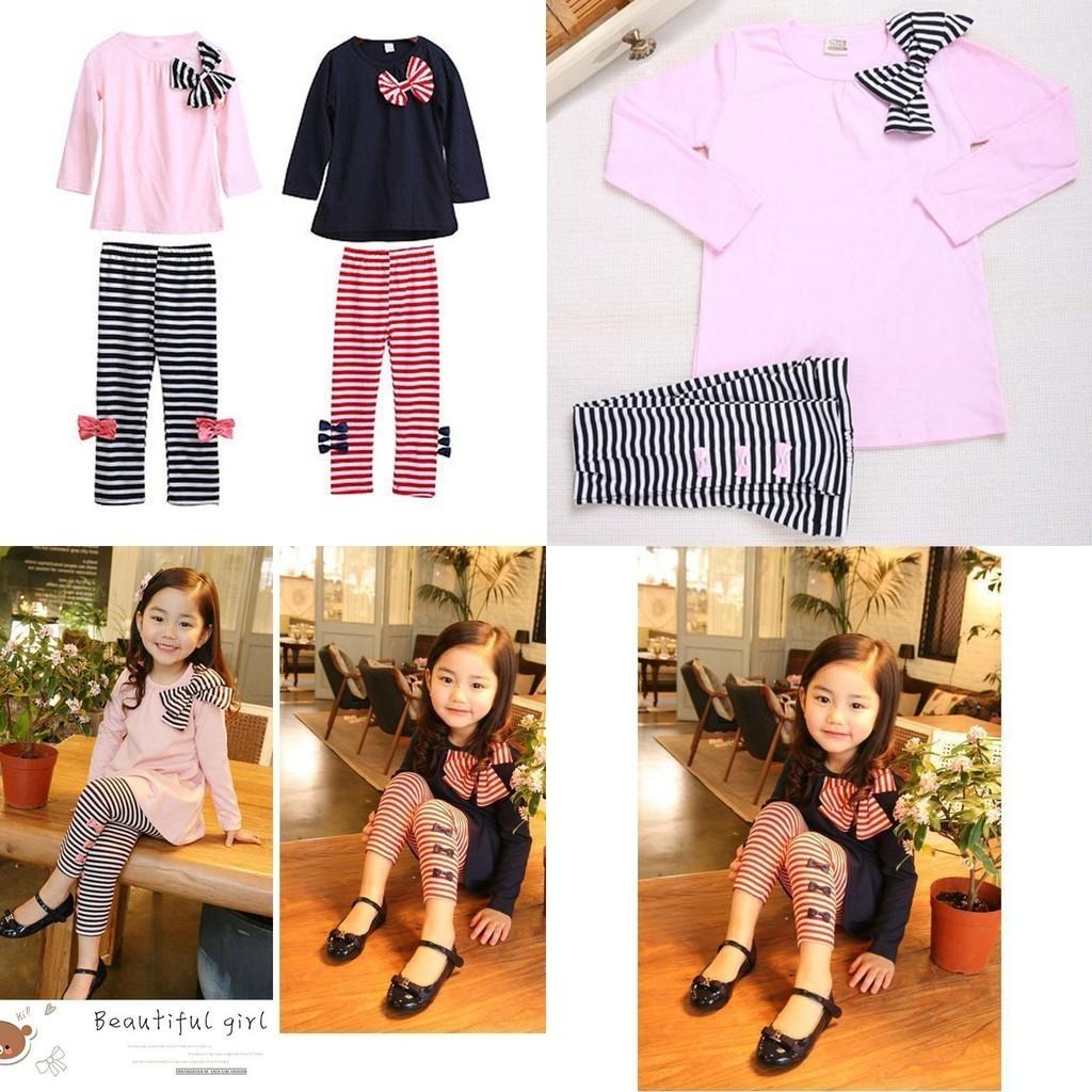 Adorable 2pcs Toddler Kids Baby Girls Outfits With Bowknot Top Striped Legging
