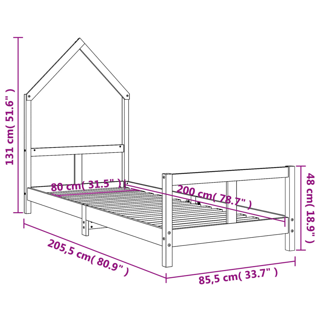 Kids  Bed 80 X 200 Cm Solid Pine Wood