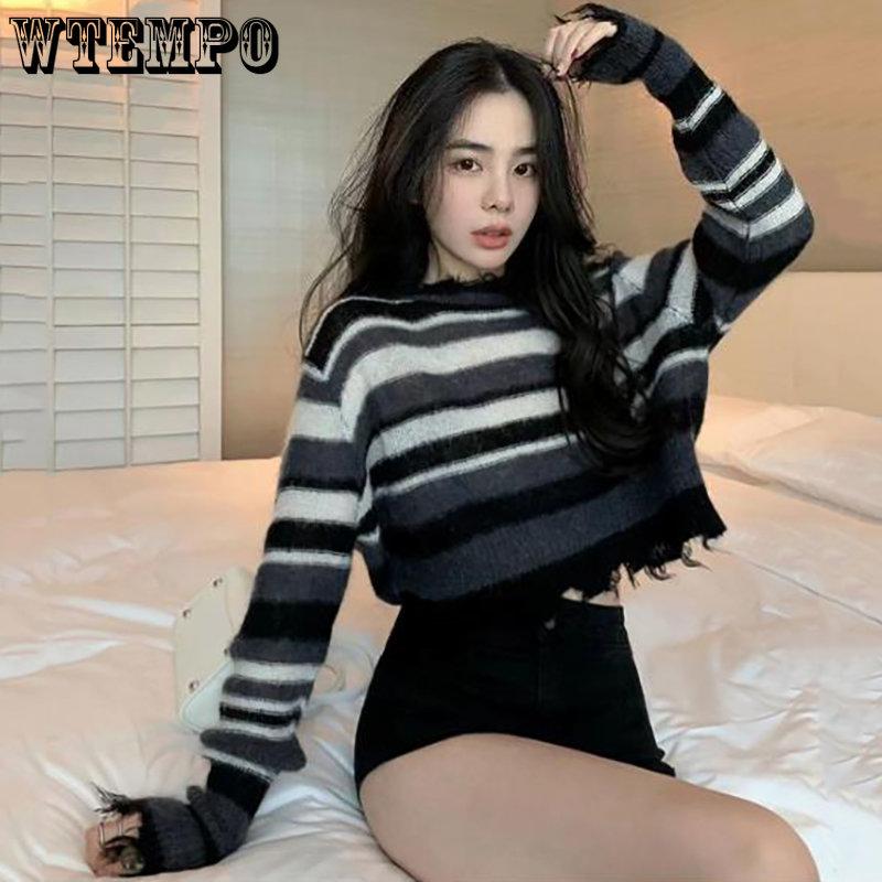 WTEMPO Korean Loose Thin Knitted Pullovers Women Rainbow Striped Cropped Sweaters Ripped Y2K Harajuku Knitwear