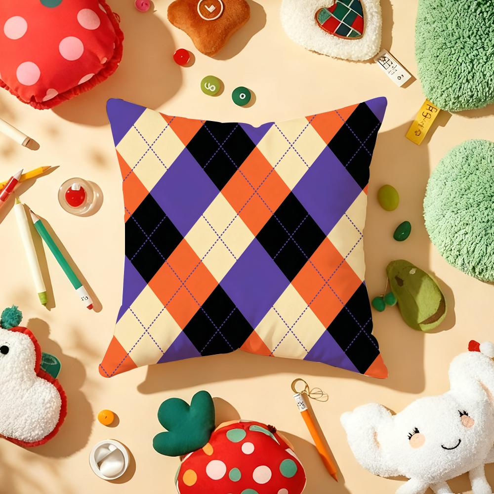 Halloween Grid Cushion Cover Soft Short Plush DoubleSided Printing Home Decor Machine Washable Pillow Case Gift