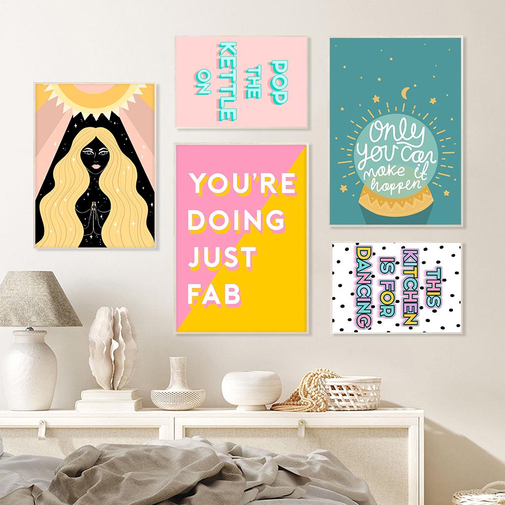 Floral Animal Print Pink Bedroom Hallway Poster Wall Decor Positive Quote Colourful Canavs Painting Kitchen Office Decor Picture